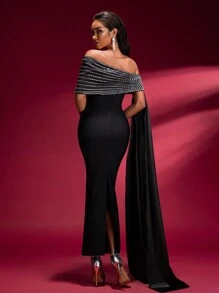 女士秋季串珠系带拼接露肩修身端庄长款晚礼服