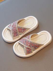 Girls 2025 Summer New Shiny Broken Rhinestone Slippers, Stylish And Comfortable Non-Slip Beach Sandals - Pink - View 6