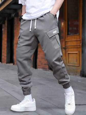 [Spring/Summer] Men's Solid Color Loose Jogger Pants, Outdoor Street Fashion Casual Cargo Pants With Side Flap Pockets, Breathable