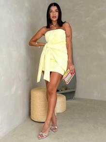 Short Strapless Tailored Wrap Dress By Lunii Fashion - 黃色 - 查看 4