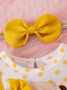 Conjunto de 2 piezas de verano para niñas pequeñas, mono de manga corta con bordado de oso y diadema, ropa para recién nacidas - Amarillo - Ver 4