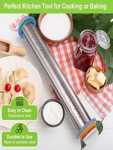Rodillo de amasar ajustable con guía de anillo grueso - antiadherente - 43 cm Rodillo de masa francés grande y resistente de acero inoxidable para hornear pizzas, pasteles y tartas - Plateado - Ver 6