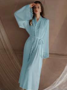 QING ROU Soft Satin Long Robe In Light Blue, Elegant Design With Lace Trim, Flared Long Sleeve, Silky And Comfortable, With Tie Waist, Suitable For Home Wear - Baby Blue - View 4