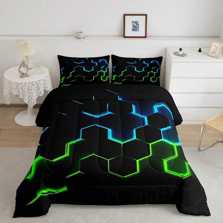 Castle Fairy Honeycomb Bedding Comforter Set Twin/Full/Queen Size,Geometry Hexagon Theme With Green Blue Neon Lights Quilt Set,Men Adults Man Chic Creative Home Bedding Set,Twin Only 1 Pillowcase,Full/Queen Size 2 Pillowcases ﻿ - màu xanh lá - Xem 1