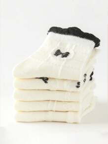 5 Pairs Of Children's Socks, Bow Diamond Checker Square Checker Pattern Girls Four Seasons Style Cute Casual Elegant Style Of Daily Travel To School Can Wear Children's Mid-Tube Socks.