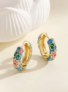 1Pair Fashion Copper Material Flower Pattern Hoop Earrings Jewelry For Women Girls - Blue - View 3