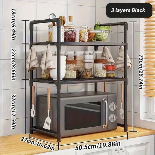 Versatile Kitchen Organizer With Hooks-Waterproof,Multi-Purpose Storage Rack For Appliances Like Microwave,Toaster&Air Fryer.Sturdy Plastic/Metal, Adjustable Shelving For Microwave, Oven & Accessories Storage -Perfect For Countertops,.