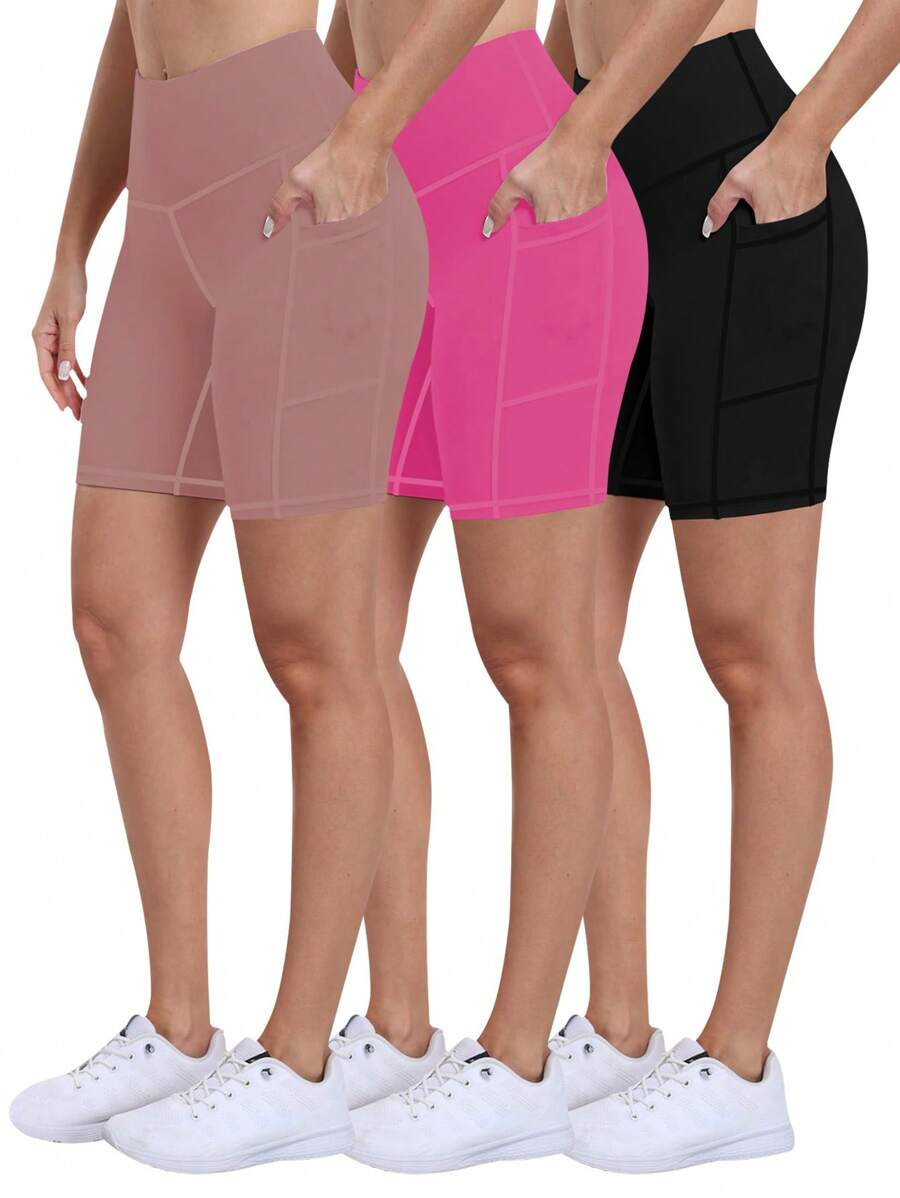 3pcs/Set Women's Outdoor Sports Tight Shorts, High Waisted Slimming Tummy Control Running Cycling Yoga Shorts With Pockets, Spring/Summer - Multicolor - View 1