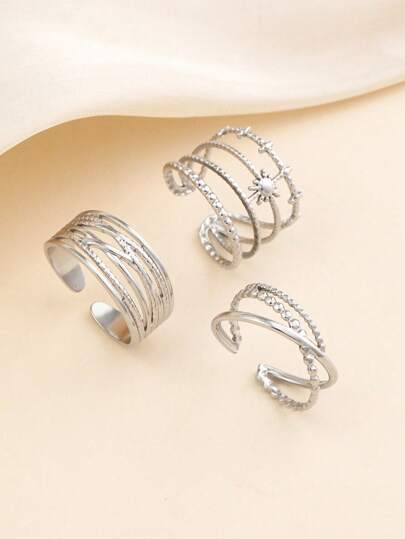 3 件套不锈钢银色璀璨造型戒指套装，适合女性日常装饰和礼物