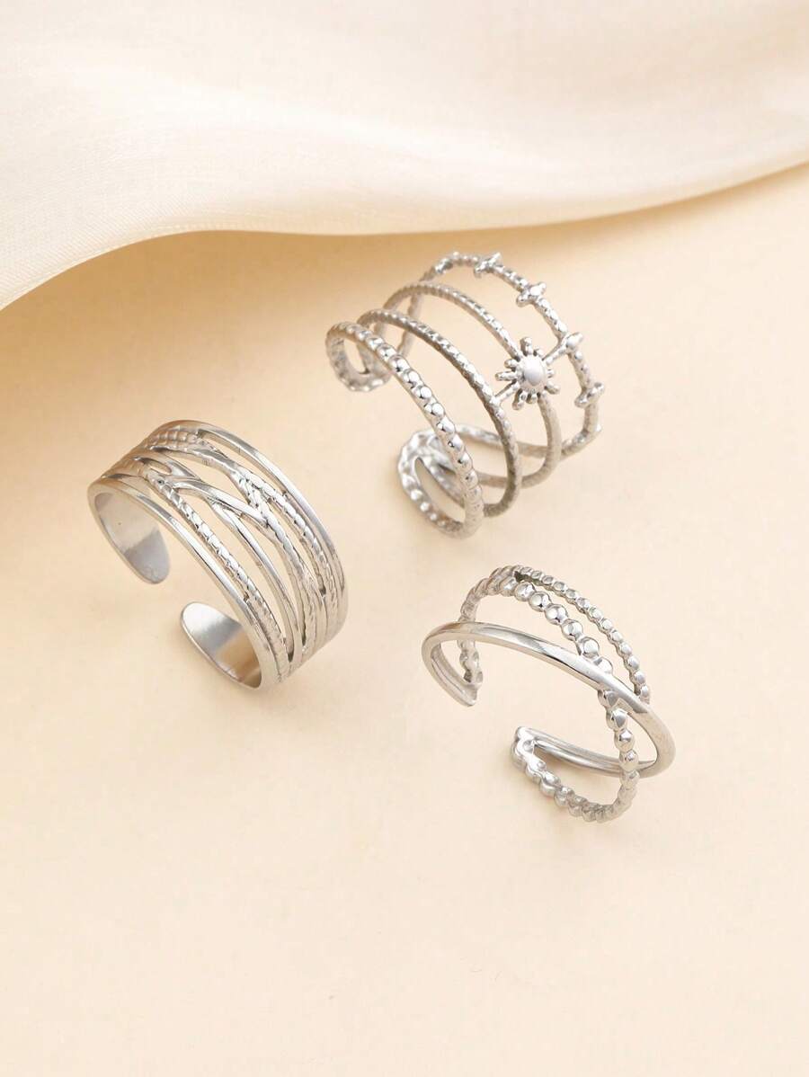 3pcs Stainless Steel Silver Radiant Shape Ring Set, Suitable For Women Daily Decoration And Gifts - Silver - View 1