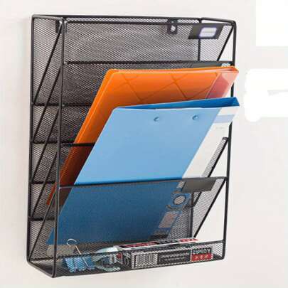 6-Layer Wall-Mounted Magazine File Holder Document Rack A4 Mail Sorting Organizer Hollow Out Body Mesh Desk Files Organizer For Home And Office(Black)