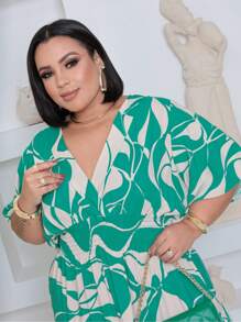 Plus Size V-Neck Long Short Sleeve Dress - Ước tính Cờ Xanh. - Xem 4