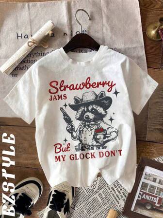 EZstyle Women's Casual Cotton T-Shirt,Western Cowboy Style Raccoon Strawberry Element Pattern, Cute And Fun Pattern T-Shirt, Suitable For Summer Wear