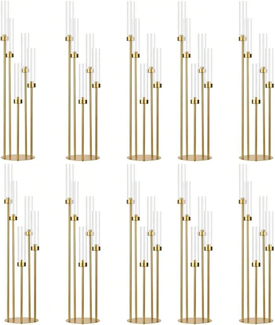 10Pcs 5 Arm Gold Candelabra Table Centerpiece,Gold 39.4inch Tall Floor Candelabra Candle Holder With Acrylic Lampshade For Wedding Table Birthday Party Mother's Day Gift Home Decoration,Fit LED Taper Candles - 金(10件) - 查看 1