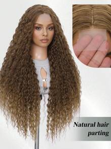 28 英寸女士超长假发，小卷波浪蜜棕色和黑色合成假发，耐热，蓬松浓密，适合日常使用、婚礼和派对