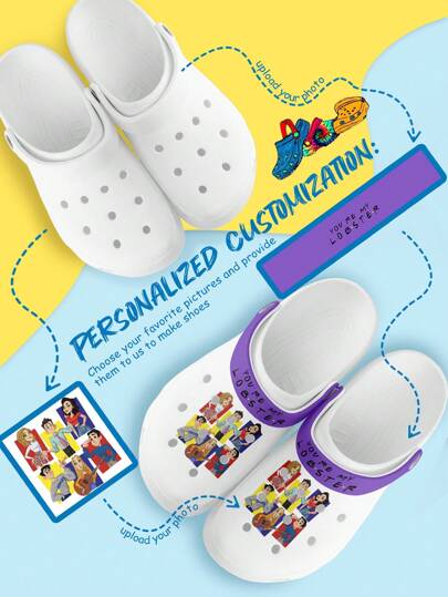 Personalized Custom Name & Photo Hollow Out Shoes, Customized Men's Outdoor Commuting Fashionable Minimalist Style Comfortable EVA Breathable Slip-Proof & Waterproof Hollow Out Clogs