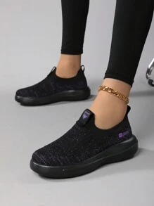 女士时尚黑色休闲一脚蹬增高运动鞋，舒适日常户外徒步轻便袜鞋 - 黑色 - 查看 6