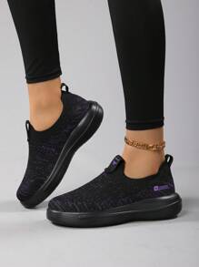 女士时尚黑色休闲一脚蹬增高运动鞋，舒适日常户外徒步轻便袜鞋 - 黑色 - 查看 7