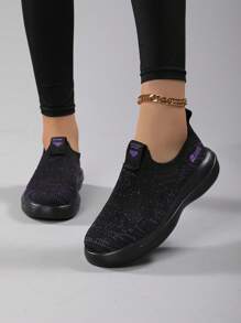 女士时尚黑色休闲一脚蹬增高运动鞋，舒适日常户外徒步轻便袜鞋 - 黑色 - 查看 2