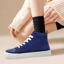 Womens High Top Trainers Unisex Mens Knitted Breathable Mesh Fashion Sneakers Lace Up Lightweight Casual Tennis Running Walking Shoes For Women - Dark Blue - View 3