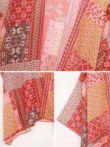 Patchwork Floral Print Kimono Top Plus Size Women Spring Summer Beach Side Split Cover Up - Multicolor - View 4