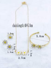 5pcs Set Cute Oil Drop Double Daisy Flower Pendant Necklace, Earrings, Ring, Bracelet Jewelry Set, Daily Match Floral Jewelry Set, New - one-size - View 3