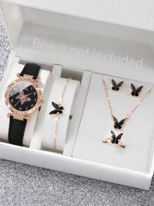6pcs/Set Women's Minimalist Butterfly & Numberic Dial Quartz Wrist Watch + Butterfly Jewelry Set, Excluding Watch Box - Black - View 1