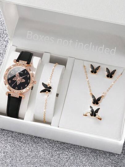 6pcs/Set Women's Minimalist Butterfly & Numberic Dial Quartz Wrist Watch + Butterfly Jewelry Set, Excluding Watch Box