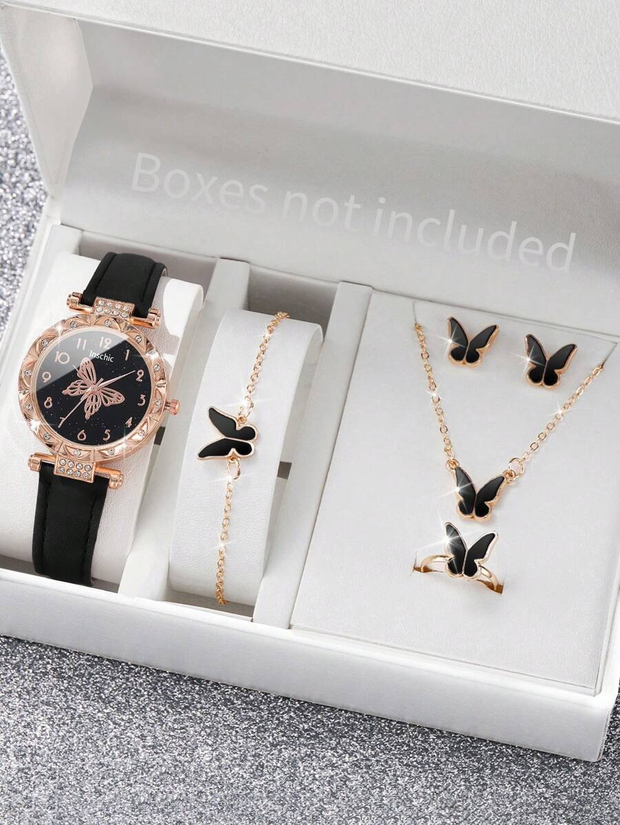 6pcs/Set Women's Minimalist Butterfly & Numberic Dial Quartz Wrist Watch + Butterfly Jewelry Set, Excluding Watch Box - Black - View 1