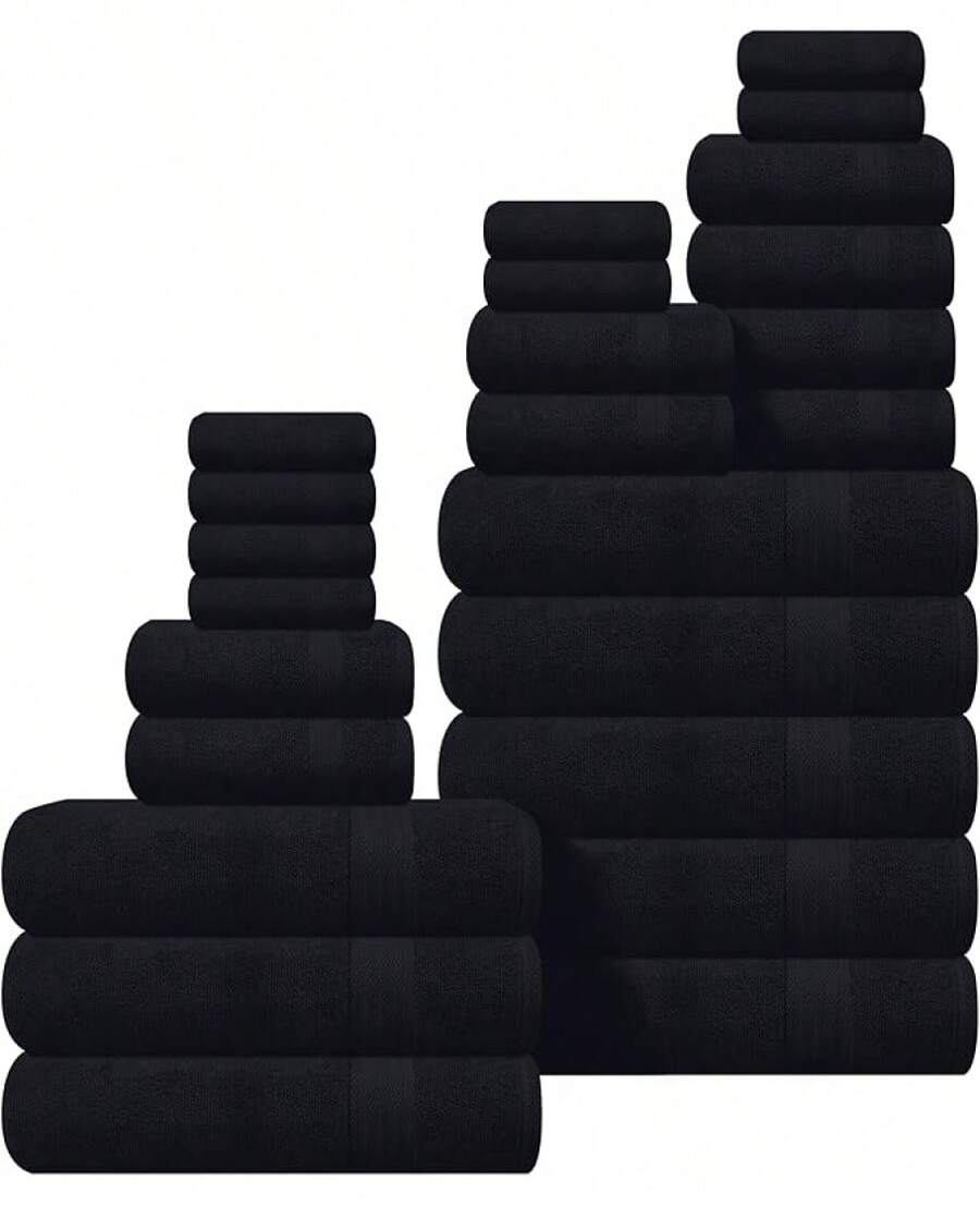 GLAMBURG Ultra Soft 8-Piece Towel Set -% Ringspun Cotton, Contains 2 Oversized Bath Towels 27x54, 2 Hand Towels 16x28, 4 Wash Cloths 13x13 - Everyday Use, Hotel  Spa - Black - 黑色 - 查看 1