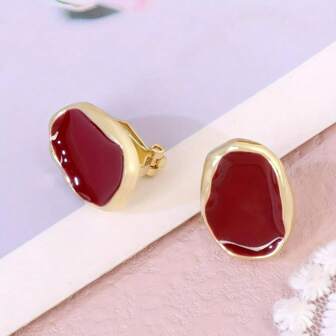 1 对复古风格勃艮第光泽半圆夹式耳环，独特设计，高端，无耳洞，适合秋季