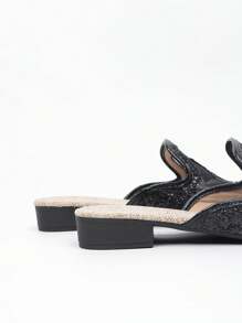 Women's Sequin Star Decoration Square Toe Slip-On Low Heel Flats, Gold/Silver/Black, Mesh Breathable Closed Toe Summer Mule Sandals Can Wear With Dress