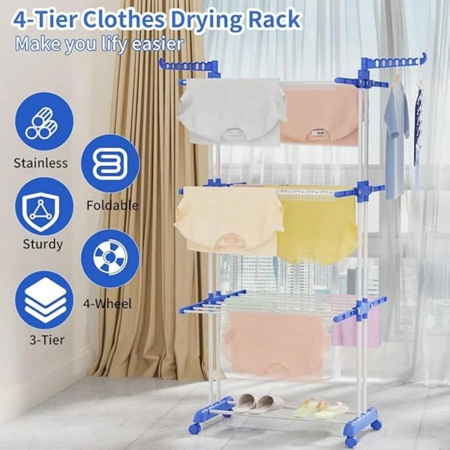 1pc Newly Upgraded With Thicker Pipe Diameter, Foldable Clothes Drying Rack, Stainless Steel Laundry Drying Rack, Equipped With Two Foldable Wings For Easy Storage, Drying Rack, Drying Racks