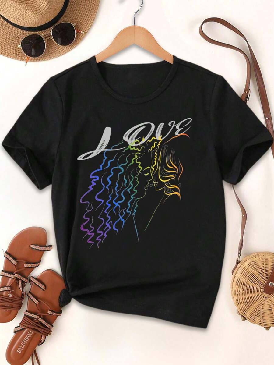 LGBTQ+ Valentine's Day Rainbow T-Shirt | Gay Pride Kiss Tee For Women - Black - View 1