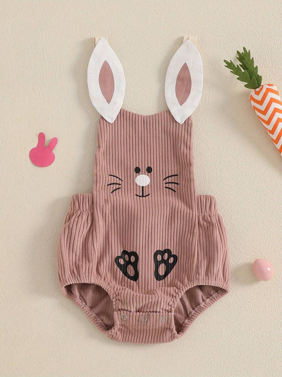 Mono de bebé, sin mangas, con diseño de conejo de dibujos animados y cierre de botones, de pana, para niñas y niños - Rosa - Ver 1