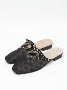 Grün & Gold dekorativer Knopf quadratische Zehenkappe flacher Absatz Slip-On Mules für Frauen, atmungsaktive geschlossene Zehenkappe rückenfreie Slides, Spitzennetzstoff für Kleider, flache ausgestellte Sandalen für den Sommer - Schwarz - Übersicht 8