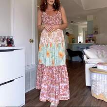 Women Summer Casual Cami Long Dress Floral Print Tie-Up Shoulder Straps Sleeveless Dresses Long Dress Summer Vacation Beach Sundress Big Swing A-Line Dress - Màu tím hoa cà - Xem 2