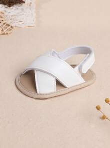 1 Pair Boys' Solid Color Criss-Cross PU Hook And Loop Flat Design Casual Sandals, Suitable For Indoor, Summer - White - View 7