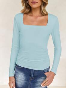 Áo thun dài tay cổ vuông dáng ôm Vaiaye dành cho nữ mùa xuân/hè phong cách Y2K, màu trơn, gợi cảm, thích hợp cho ngày Valentine. - Màu xanh ngọc - Xem 8