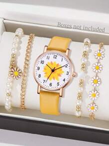 5PCS Yellow PU Leather Strap Women's Watch Set Fashion Fresh And Simple Ins Style Flower Flower Flower Element Dial Quartz Watch Bracelet Set For Her Holiday Gift - Yellow - View 1