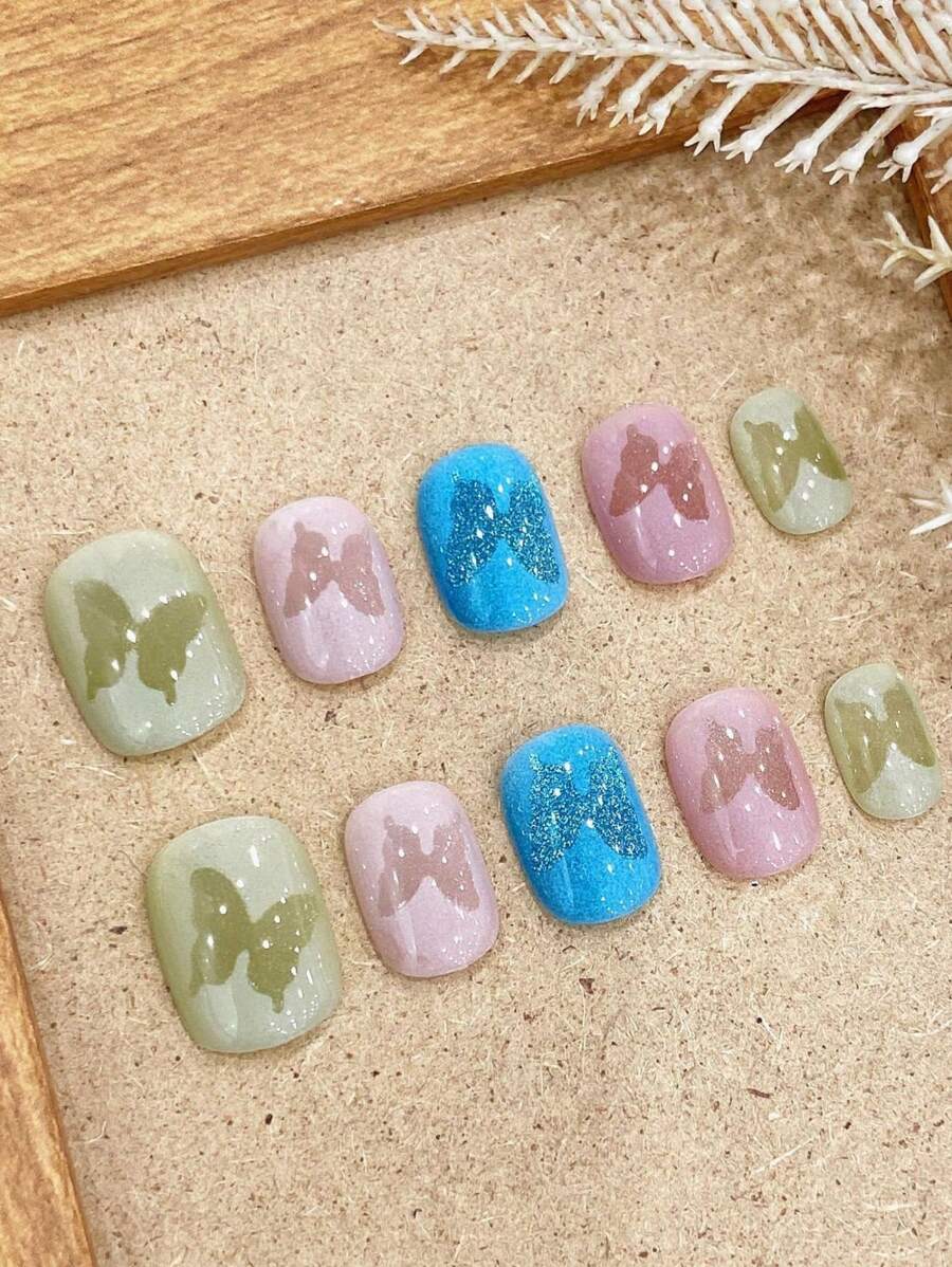10 Pcs Luxury Handmade Press On Nails Short Oval False Nails Blue Light Dream Design False Nails With 3-PIECE Tool Adhesive Nail Glue Tabs Suitable For Girls And Ladies In Their Daily Work And Life. - Multicolor - View 1