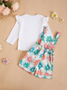 Baby Girl White Top + Colorful Floral Print Overalls Shorts Set, Cute Casual Outdoor Sports Outfit