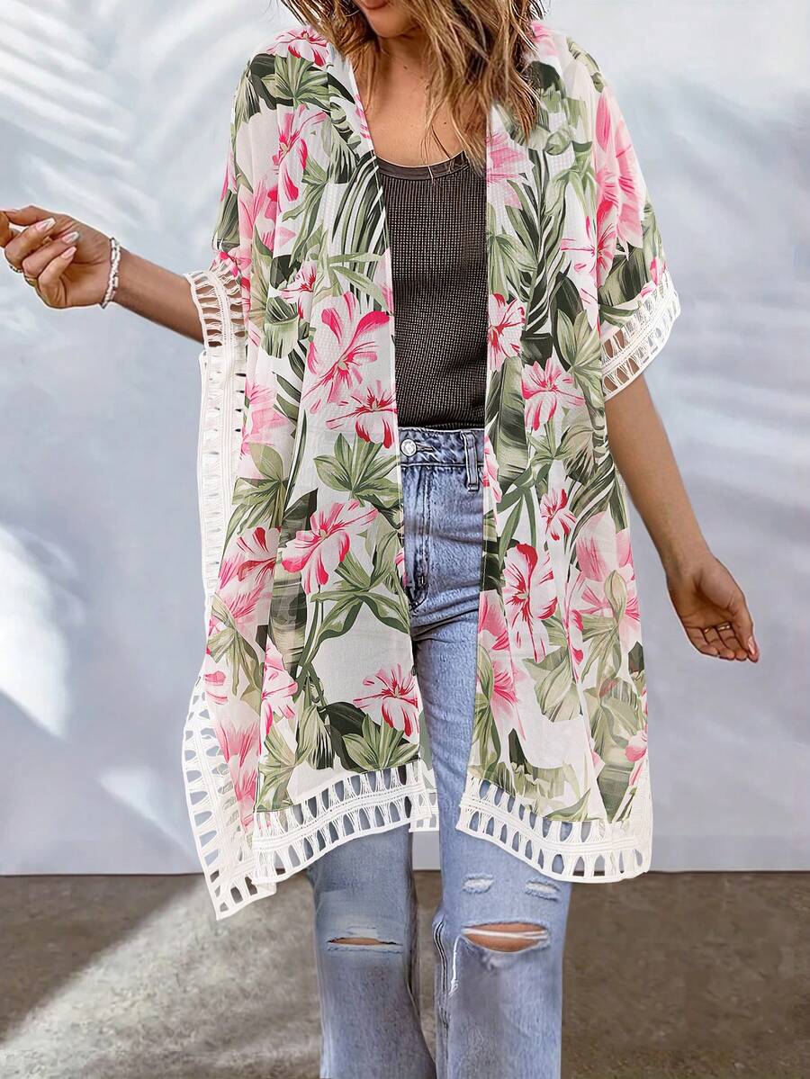Plus Size Floral Print Side Split Open Front Cover Up Kimono, For Summer Beach Vacation - Multicolor - View 1