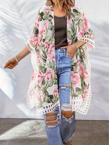 Plus Size Floral Print Side Split Open Front Cover Up Kimono, For Summer Beach Vacation - Multicolor - View 2
