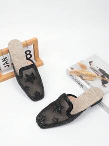 Women's Sequin Star Decoration Square Toe Slip-On Low Heel Flats, Gold/Silver/Black, Mesh Breathable Closed Toe Summer Mule Sandals Can Wear With Dress