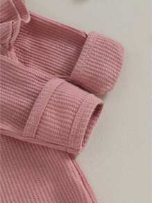 Mono de otoño para niña pequeña, color liso, cuello redondo, mangas voladoras, volantes, cremallera, mono con lazo en la cabeza - Rosa - Ver 7