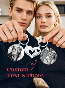 1pc Custom Matching Couple Keychain Set With Photo, Personalized Engrave Keychain With Photo And Text, Custom Heart Keychain, Personalized Stainless Steel Heart Women's Men's Puzzle Matching Text Couple Keychain, Personalized Photo Matching Keyring, Gift For Couples Lovers, Gift For Girlfriend And Boyfriend, Gift For Wife Husband, Birthday Gift, Valentine's Day Gift, Anniversary Gift.