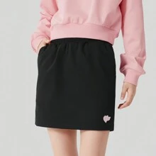 Skechers Colorful Casual Series Heart Print Black Knitted Skirt