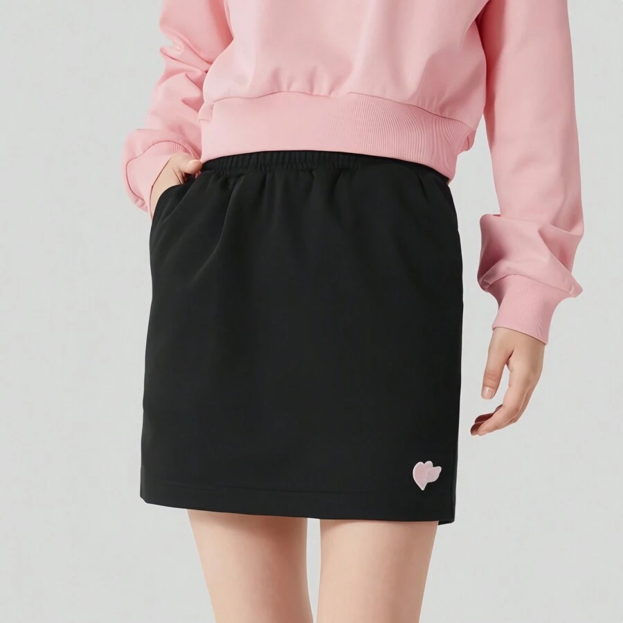 Skechers Colorful Casual Series Heart Print Black Knitted Skirt