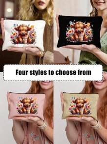 1 件可爱奶茶高地牛印花美容包，大容量轻便拉链收纳袋（拉链方向随机），适合作为男士和女士旅行洗漱包，完美的节日礼物，送给朋友的礼物，波西米亚风